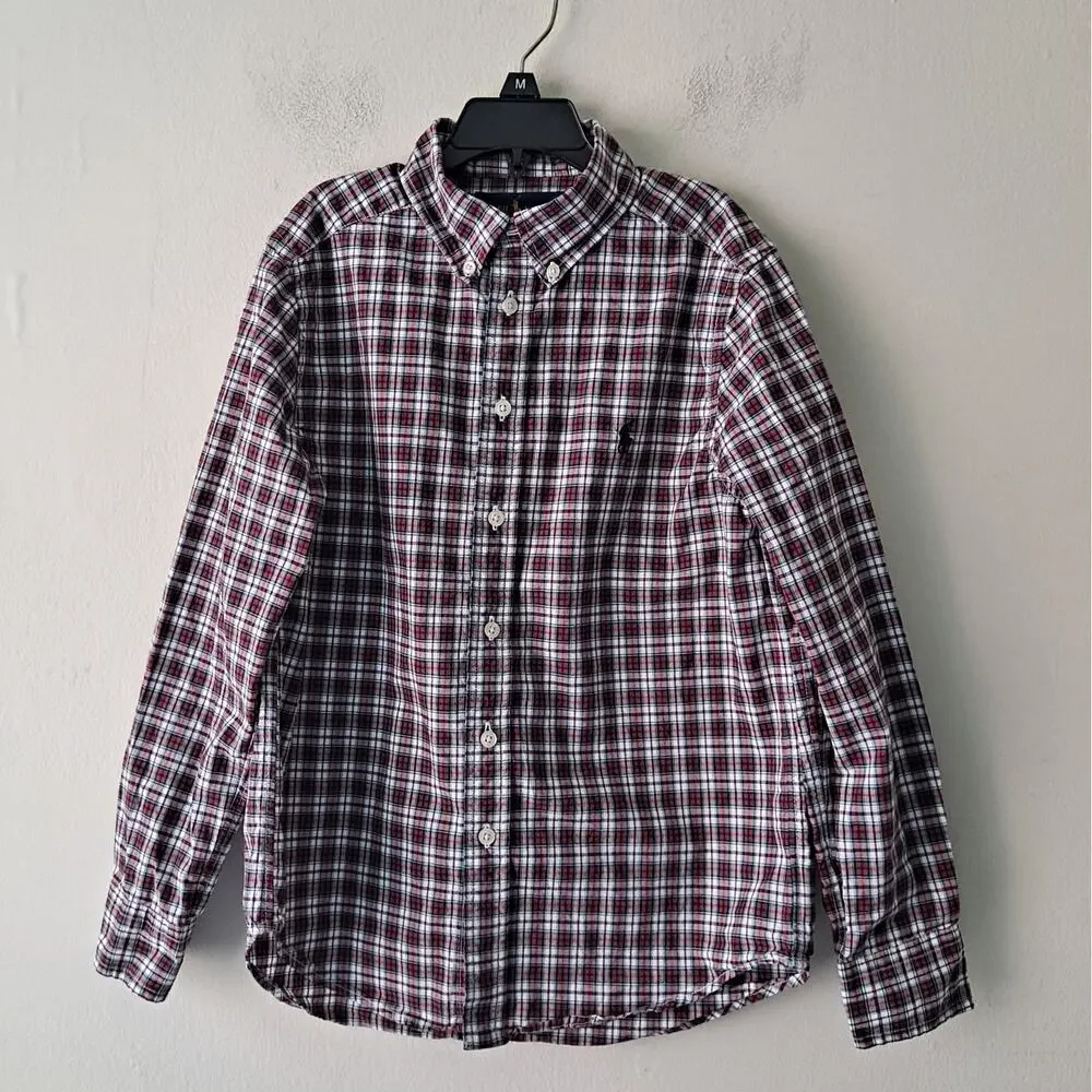 Ralph Lauren Plaid Long Sleeve Button Down Shirt Red Green Black Boys Medium
